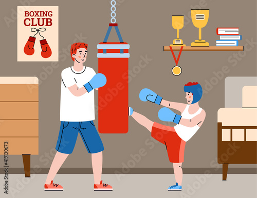 Dad giving his child lesson of box fight, flat cartoon vector illustration. Loving father teaching his son self-defense techniques and shows parental care.