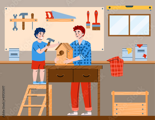 Father with child spend time together in carpentry workshop making birdhouse. Dad teaching son work with nails and hammer. Vector flat illustration for happy fathers day design.