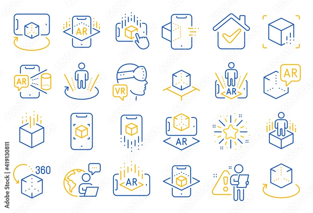 Augmented reality line icons. VR simulation, Panorama view, 360 degree. Virtual reality gaming, augmented, full rotation arrows icons. 360 vr tour, virtual simulation device. Line icon set. Vector Augmented reality line icons. VR simulation, Panorama view, 360 degree. Virtual reality gaming, augmented, full rotation arrows icons. 360 vr tour, virtual simulation device. Line icon set. Vector