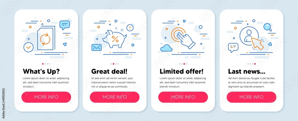 Naklejka premium Set of Technology icons, such as Update document, Loan percent, Touchscreen gesture symbols. Mobile screen mockup banners. User line icons. Refresh file, Piggy bank, Click hand. Vector