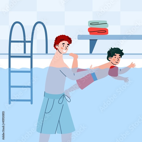 Dad teaching to son swimming in the pool. Happy father support and training child on water. Family activity on leisure or weekend. Flat cartoon vector illustration.