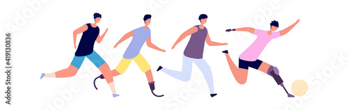 Disabled child integration. Accessible environment, handicapped kids play football. Diverse young boys, paralympics vector concept. Childhood disabled, play football children