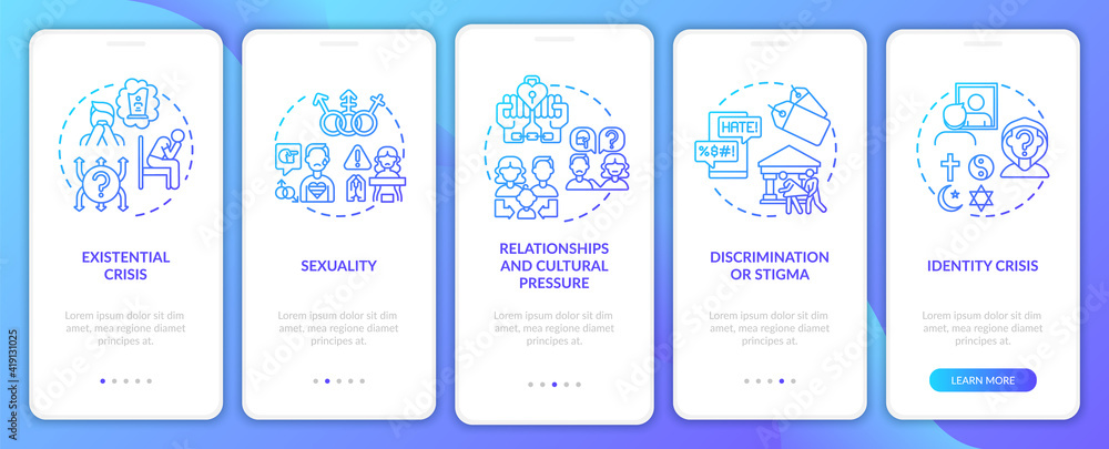 Issues with religion navy onboarding mobile app page screen with concepts. Identity crisis. Social pressure walkthrough 5 steps graphic instructions. UI vector template with RGB color illustrations