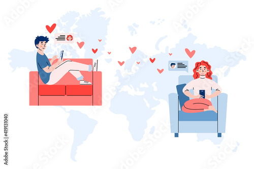 Concept of romance, online dating and love relationship on long distance via internet. Young couple chatting in network, sending romance mail and hearts. Flat vector illustration