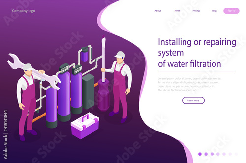 Isometric installing or repairing system of water filtration at home concept. Fix purification osmosis system. Drinking water. Sanitary work. Engineering networks in the house.