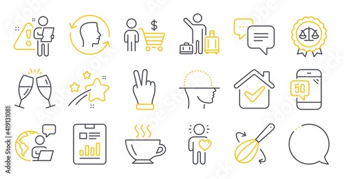 Set of Business icons, such as Coffee, Speech bubble, 5g phone symbols. Face id, Report document, Friend signs. Champagne glasses, Cooking whisk, Victory hand. Airport transfer, Buyer. Vector