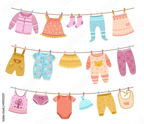 Clothes on ropes. Clothesline, kids cloth dry on lines. Children skirt socks shirt, isolated cartoon clean baby apparel hanging exact vector set. Illustration clothesline rope after laundry