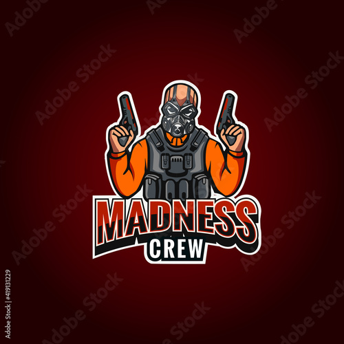 Guy with gas mask holding gun mascot illustration for esports photo