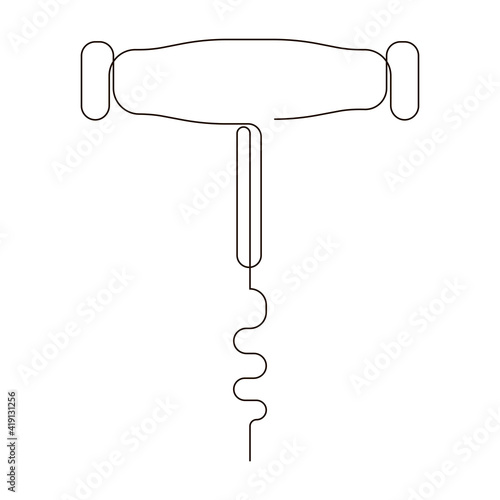 Corkscrew continuous line. Bottle-screw or win bottle opener. Vector illustration.