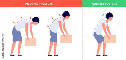 Correct lift heavy. Safety health back, flat woman lifting box postures. Proper technique load for spine with high weight utter vector concept. Illustration lifting box posture, heavy weight