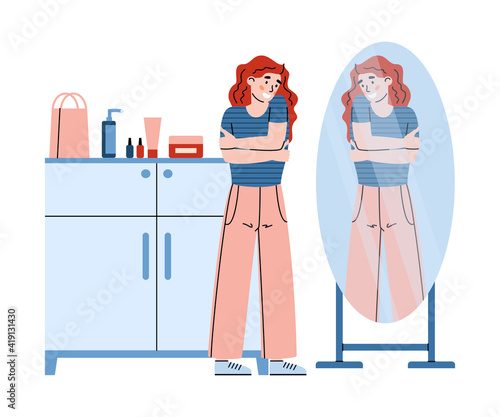 Confident self-assured young woman appreciating her reflection in mirror, vector illustration isolated on white background. Self-acceptance and love your body topic.