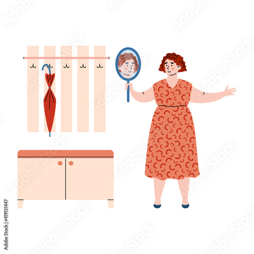 Overweight woman satisfied with her appearance, cartoon vector illustration isolated on white background. Character for self-acceptance and body positivity topic.