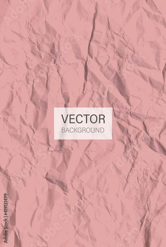 Pink crumpled paper. Colored wrinkled paper sheet. Crumpled texture effect. Vector background