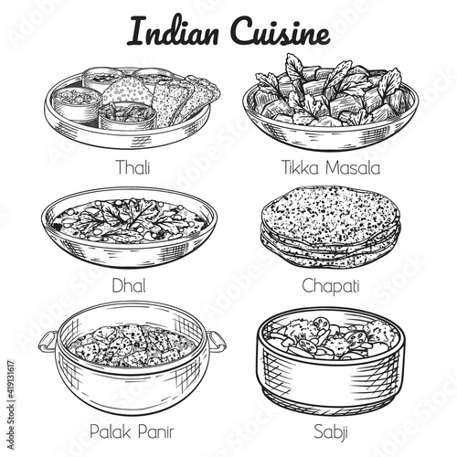 set of indian meals. thali, sabji, chapati, dhal, tikka masala. Hand drawn line art. Vector illustration. Isolated on white. Doodle, sketch.