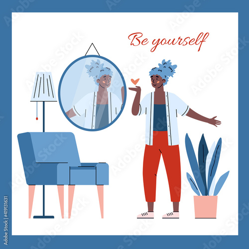 Be yourself slogan with self-assured young woman in front of mirror, cartoon vector illustration isolated on white background. Backdrop for body positivity concept.