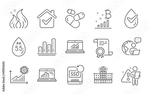 Ph neutral, Fire energy and Certificate line icons set. Graph laptop, Recovery ssd and Bitcoin graph signs. Hospital building, Dermatologically tested and Capsule pill symbols. Line icons set. Vector