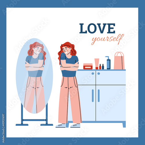 Smiling young woman admiring on reflection in mirror. Concept of self acceptance and positive personal appearance. Square poster, flat vector illustration.