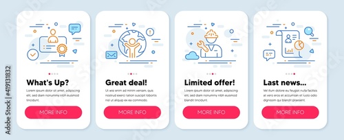 Set of People icons, such as Global business, Certificate, Repairman symbols. Mobile screen app banners. Report line icons. Outsourcing, Best employee, Repair service. Work statistics. Vector