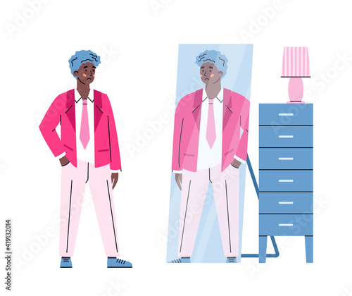 Not sure and not satisfied with his reflection in the mirror man, cartoon vector illustration isolated on white background. Problem of self-acceptance and confidence.