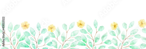 Watercolor seamless border with soft yellow flowers and twigs of green leaves  spring flowers on a white background  botanical illustration for pajamas  fabrics  dresses  cards.