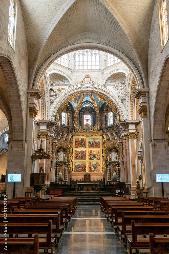 interior view of the cathedral in Valencia showing the altar and nave
