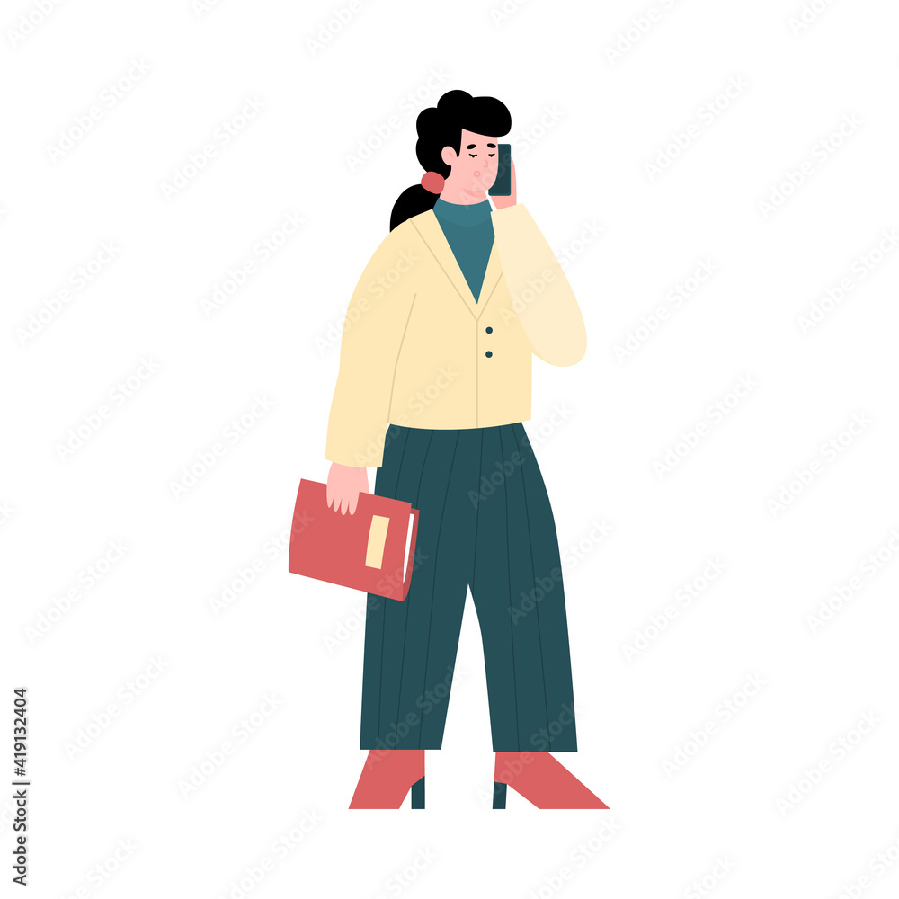 Businesswoman talking on mobile phone. Work conversation or business negotiations via smartphone. Flat vector illustration isolated on a white background.