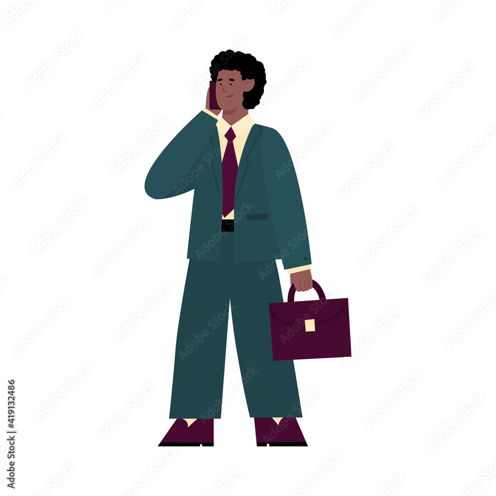 Confident businessman talking on mobile phone cartoon vector illustration isolated on white background. Office worker or business person male character with phone. Confident businessman talking on mobile phone cartoon vector illustration isolated on white background. Office worker or business person male character with phone.