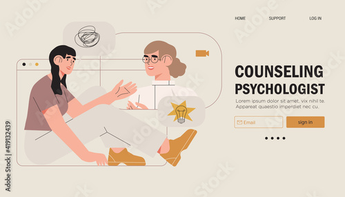 Psychological therapy counseling or online consultaion concept banner. Psycologist provide professional help to depressed person or resolve physical, emotional and mental health issues and crises.