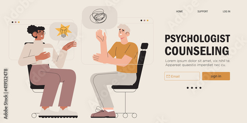 Psychological therapy counseling or online consultaion concept banner. Psycologist provide professional help to depressed person or resolve physical, emotional and mental health issues and crises.