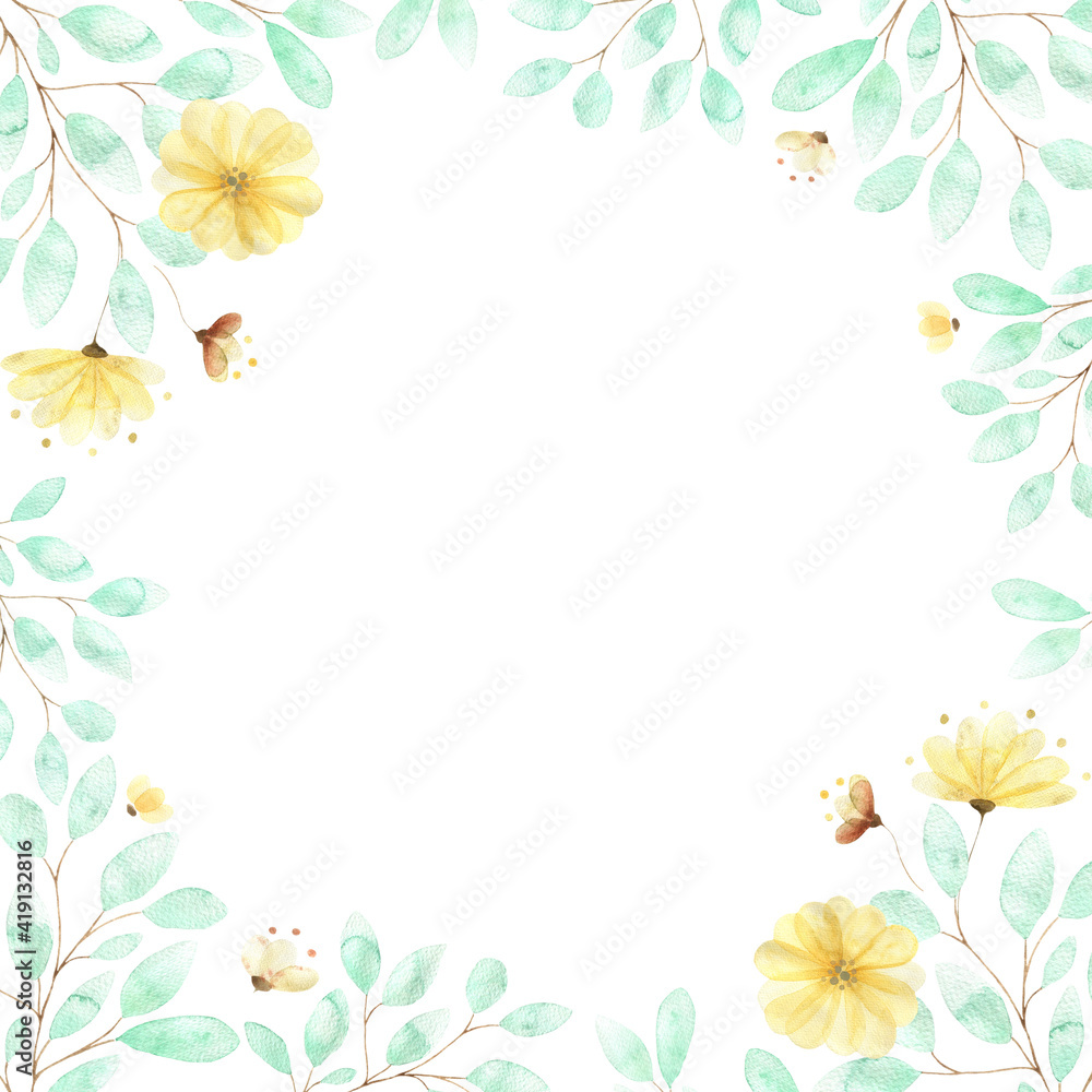 A square watercolor frame with soft yellow flowers and twigs of green leaves, a composition of summer flowers on a white background, a botanical illustration for packaging, wedding decoration, cards.