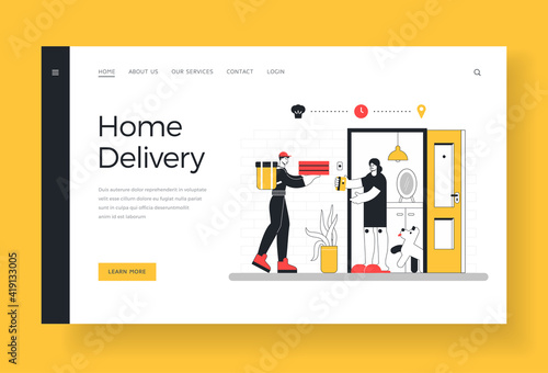 Home delivery banner template. Courier delivering pizza to client