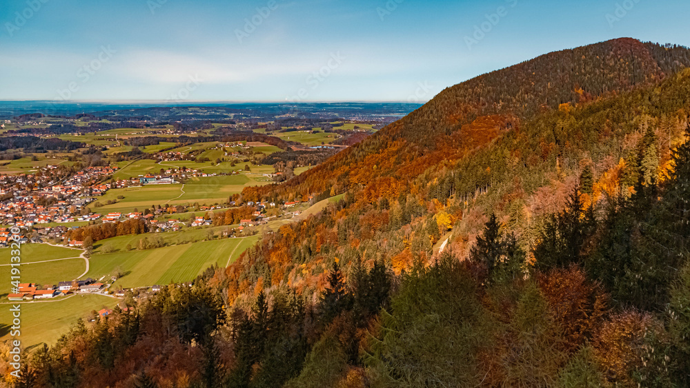 Beautiful alpine autumn or indian summer view at the famous Kampenwand summit, Aschau, Chiemgau, Bavaria, Germany