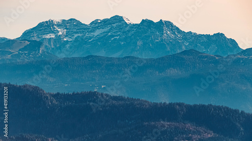 Beautiful alpine autumn or indian summer view at the famous Kampenwand summit, Aschau, Chiemgau, Bavaria, Germany