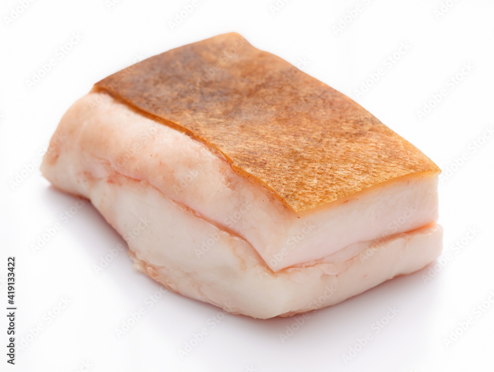 raw lard piece on white background, pork fat