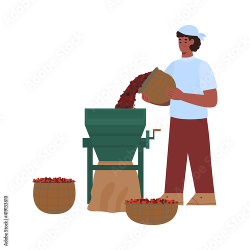 Coffee packaging factory employee putting beans into industrial grinder, cartoon vector illustration isolated on white background. Process of coffee production.
