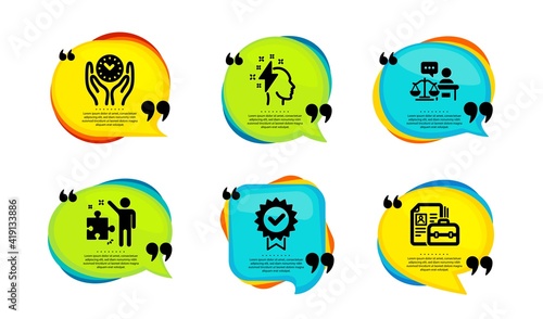 Strategy, Certificate and Brainstorming icons simple set. Speech bubble with quotes. Court judge, Safe time and Vacancy signs. Business plan, Verified award, Lightning bolt. Vector