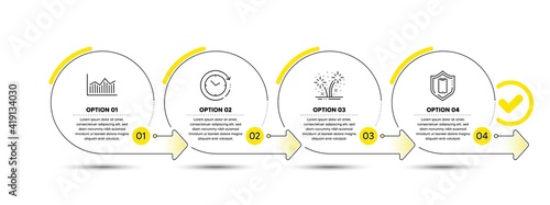 Fireworks, Money diagram and Time change line icons set. Timeline process infograph. Smartphone protection sign. Pyrotechnic salute, Currency diagram, Clock. Phone. Business set. Vector
