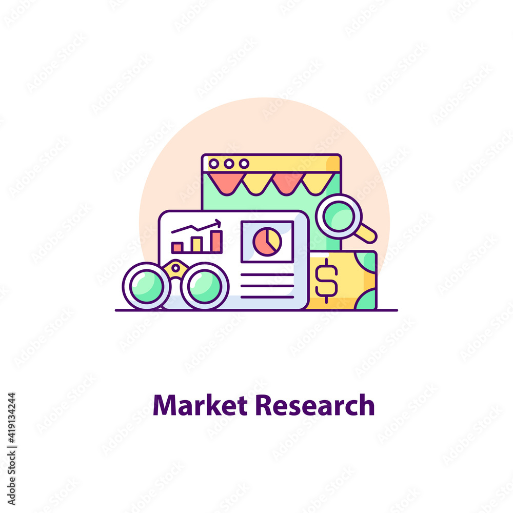 Obraz premium Market research creative UI concept icon. Web analytics. Statistics analyzing abstract illustration. Marketing analysis. Isolated vector art for UX. Color graphic design element