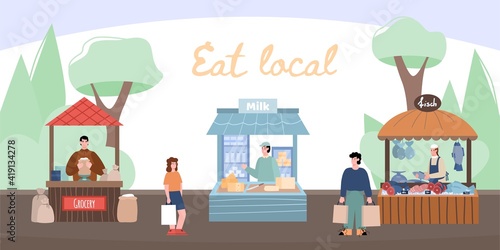 Local eat market on city street with sellers and buyers. Stalls of shops with fresh farmers food - fish, grocery, milk and dairy products. Small business. Flat vector illustration.