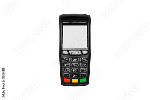 Payment terminal with a white screen. Payment device isolated on white background. E-commerce and business