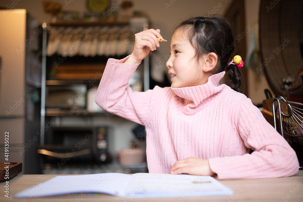自宅で勉強をする少女 自宅で勉強をする少女