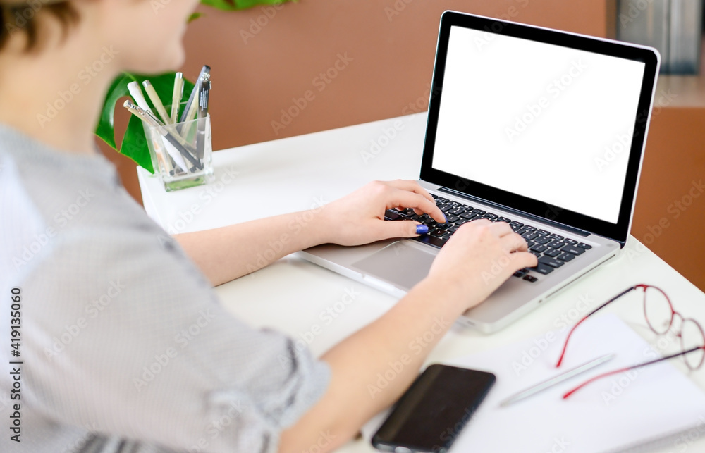 business woman using computer at home, office