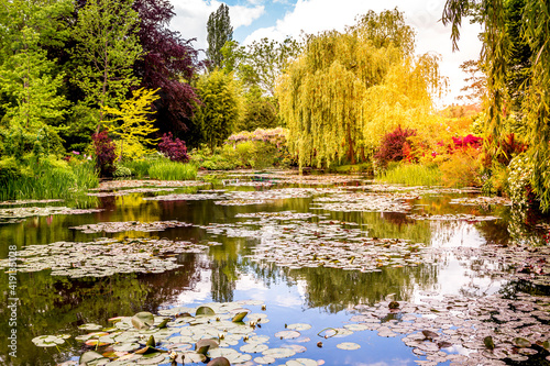 Obraz na płótnie Pond, trees, and waterlilies in a french garden