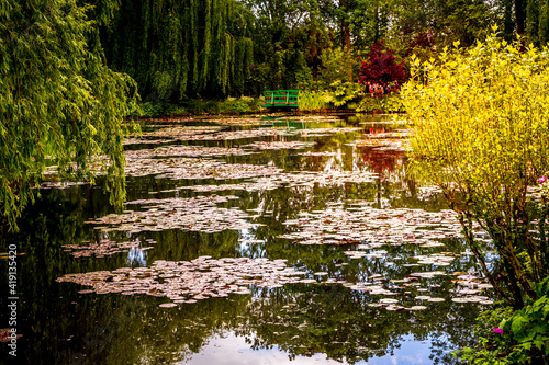 фотографія Pond, trees, and waterlilies in a french garden