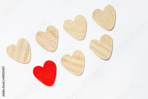 seven hearts, one red, six blank. isoalted. concept of the only true love