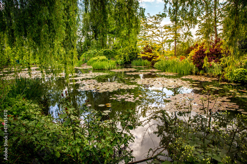 Bild auf Leinwand Pond, trees, and waterlilies in a french garden