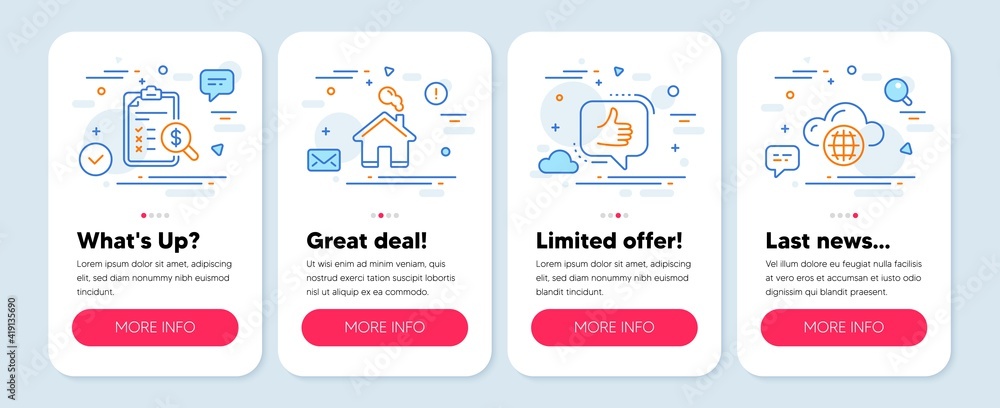 Set of Technology icons, such as Accounting report, Home, Like symbols. Mobile app mockup banners. Cloud computing line icons. Check finance, House building, Thumbs up. Internet storage. Vector