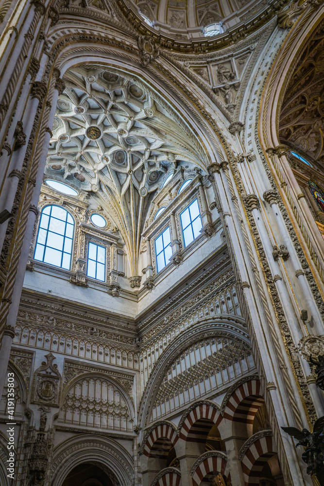 Inside the moorish Cordoba Mezquita Catedral, an impressive gothic and baroque cathedral, built on a mosque in Andalusia, Spain