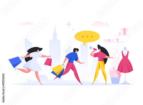 Manager inviting women to store. Flat vector illustration