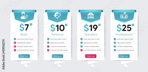 Included icon as Edit person, Court building, Cashback signs. Price table template, business plan chart. Business icons set. Arena flat icons. Change user info, Judgement, Receive money. Vector